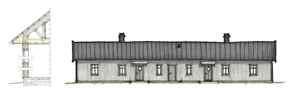 Långt grått hus med genomskärningsbild av isolering